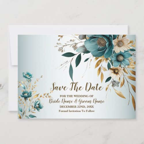Wedding Party Turquoise White Flower Golden Leaves Save The Date