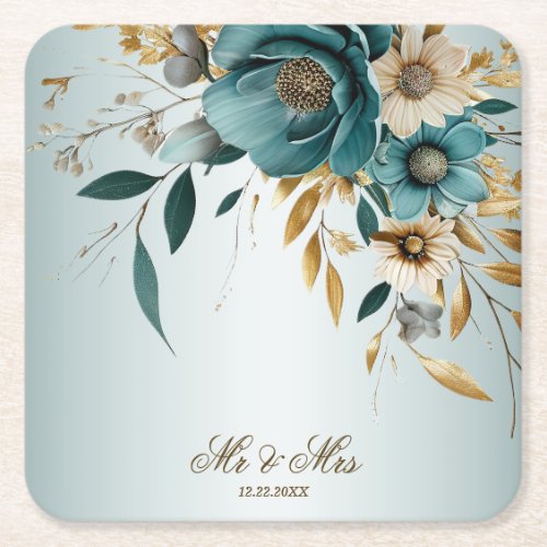 Wedding Party Turquoise White Flower Golden Leaves Square Paper Coaster