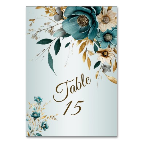 Wedding Party Turquoise White Flower Golden Leaves Table Number