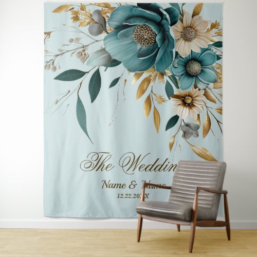 Wedding Party Turquoise White Flower Golden Leaves Tapestry