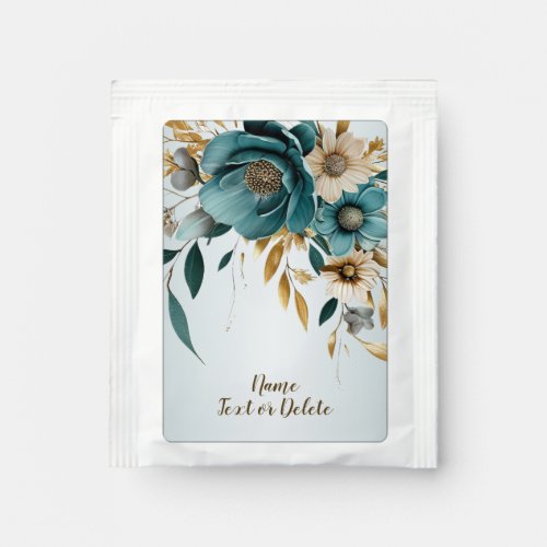 Wedding Party Turquoise White Flower Golden Leaves Tea Bag Drink Mix