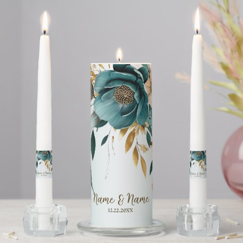Wedding Party Turquoise White Flower Golden Leaves Unity Candle Set