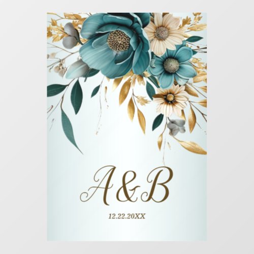 Wedding Party Turquoise White Flower Golden Leaves Wall Decal