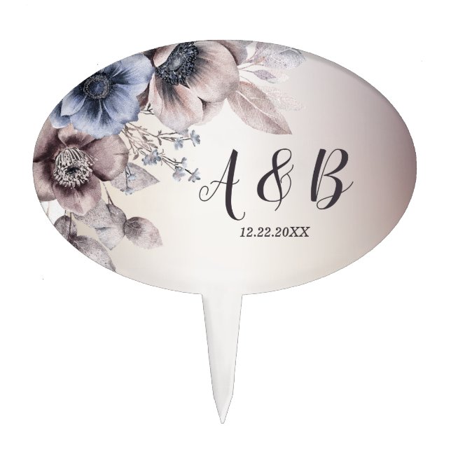 Wedding Party Watercolor Pastel Blue Beige Flowers Cake Topper (Front)