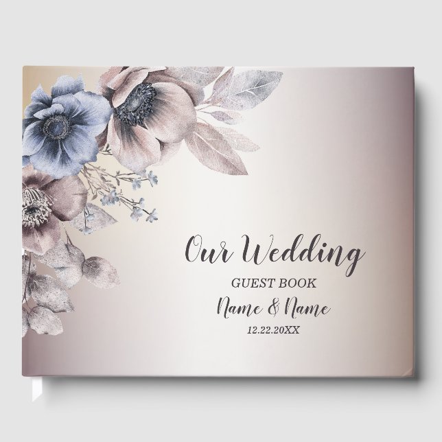 Wedding Party Watercolor Pastel Blue Beige Flowers Guest Book (Front)