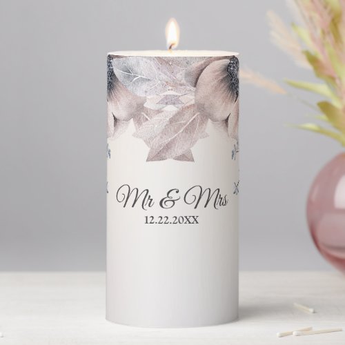 Wedding Party Watercolor Pastel Blue Beige Flowers Pillar Candle