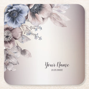 Wedding Party Watercolor Pastel Blue Beige Flowers Square Paper Coaster