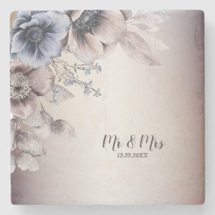 Wedding Party Watercolor Pastel Blue Beige Flowers Stone Coaster