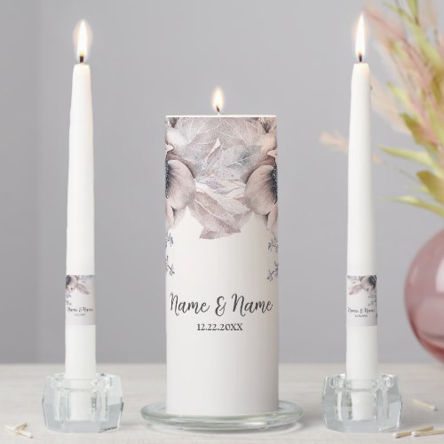 Wedding Party Watercolor Pastel Blue Beige Flowers Unity Candle Set