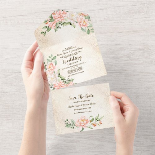 Wedding Party Watercolor Peach White Flowers All In One Invitation