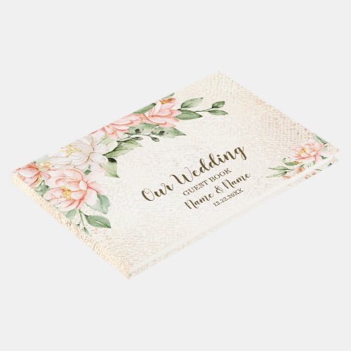 Wedding Party Watercolor Peach White Flowers Guest Book