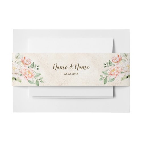 Wedding Party Watercolor Peach White Flowers Invitation Belly Band