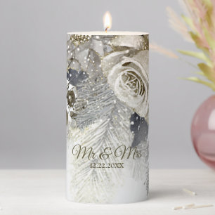 Wedding Party Watercolor Silver Golden White Roses Pillar Candle