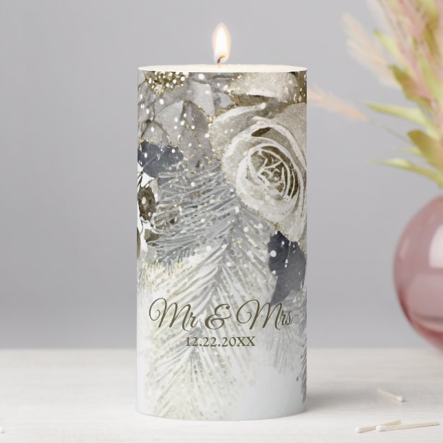 Wedding Party Watercolor Silver Golden White Roses Pillar Candle (In Situ)