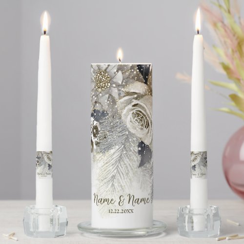 Wedding Party Watercolor Silver Golden White Roses Unity Candle Set