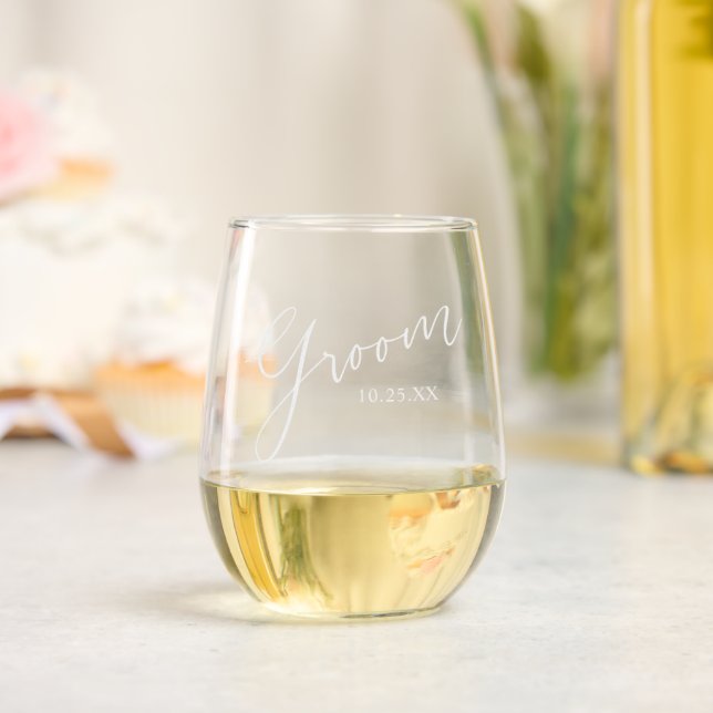 Wedding Party Wedding Date Groom  Stemless Wine Glass (Wedding)