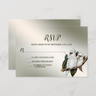 Wedding Party White Birds Cockatoo Green Leaves RSVP Card