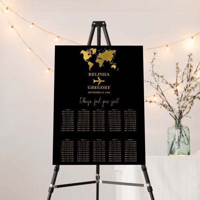 Wedding Passport Black Gold Seating Chart Foam Board (In Situ (Stand))