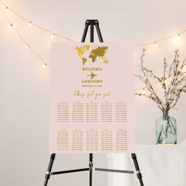 Wedding Passport Blush Pink Gold Seating Chart Foam Board (In Situ (Stand))