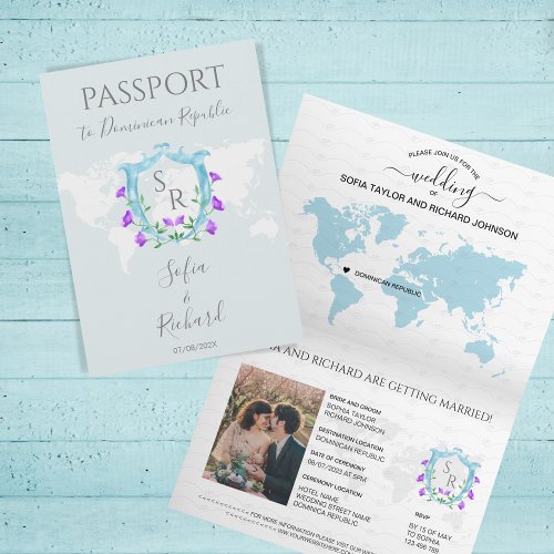 Wedding Passport Dusty Blue Crest Monogram Invitation