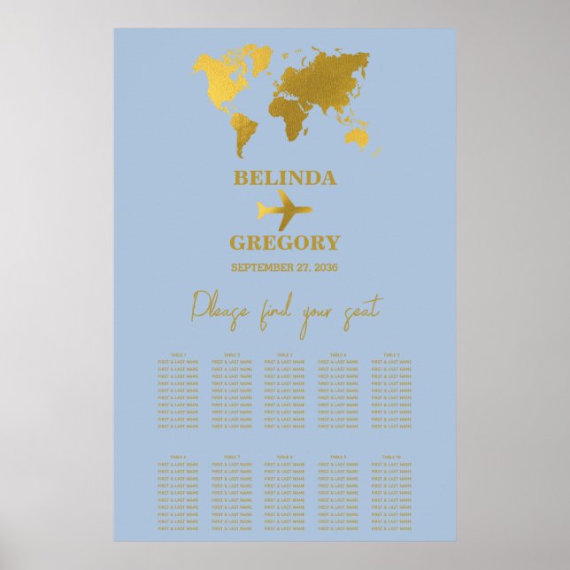 Wedding Passport Dusty Blue Gold Seating Chart (Front)