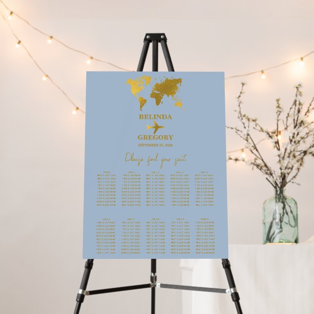 Wedding Passport Dusty Blue Gold Seating Chart Foam Board (In Situ (Stand))