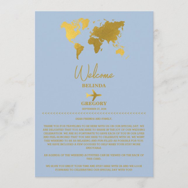 Wedding Passport Gold Dusty Blue Itinerary Program (Front)