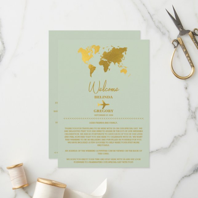 Wedding Passport Sage Green Gold Itinerary Program (Front/Back In Situ)
