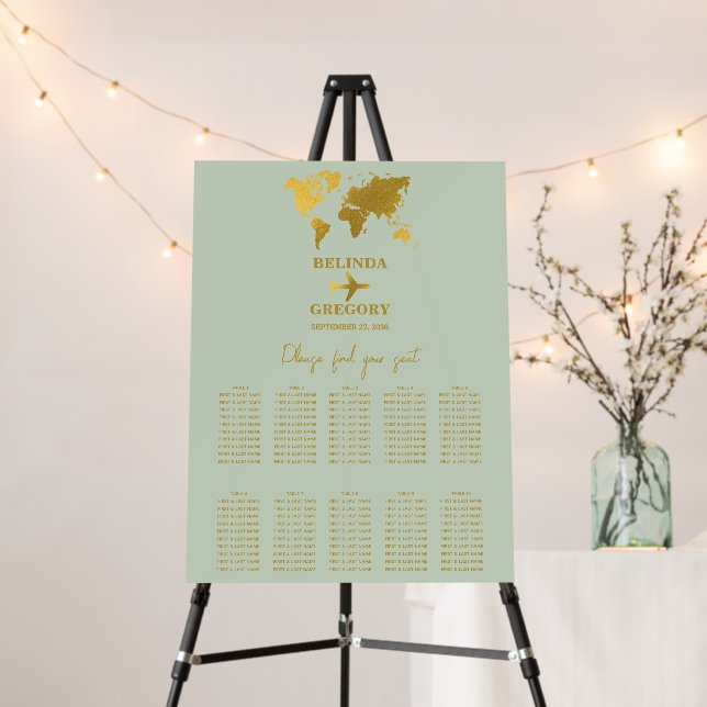 Wedding Passport Sage Green Gold Seating Chart Foam Board (In Situ (Stand))