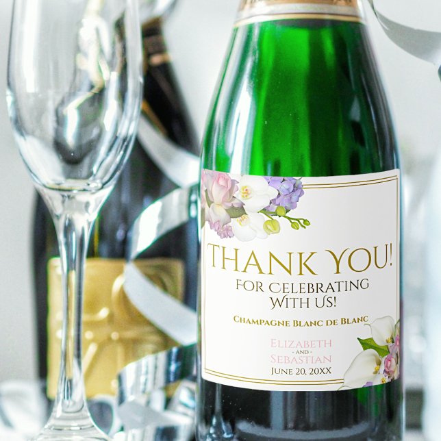 Wedding Pastel Flowers Gold & Pink Thank You Sparkling Wine Label (Creator Uploaded)