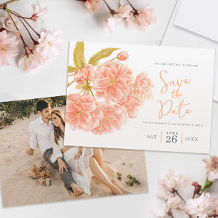 Wedding peach blossom watercolor floral landscape save the date
