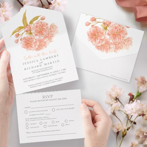 Wedding peach blossom watercolor meal RSVP All In One Invitation
