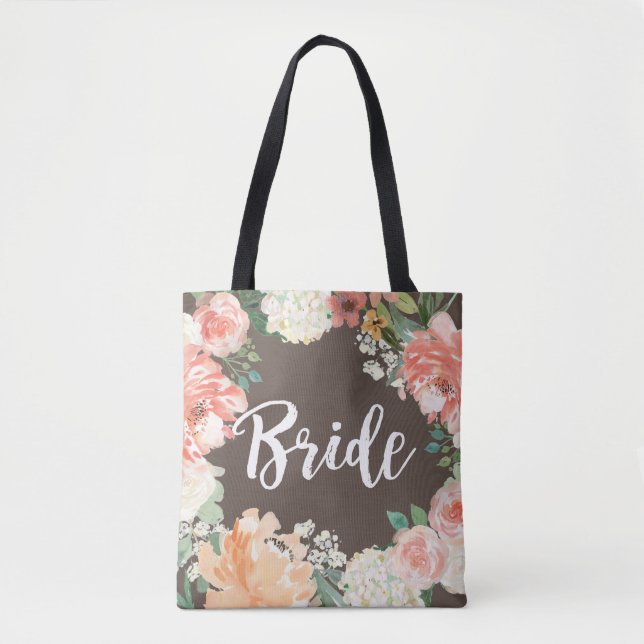 Wedding Peach Blush Watercolor Floral Bride Tote Bag (Front)