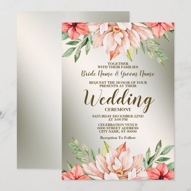 Wedding Peach Orange Floral Golden Frame Rustic Invitation (Front/Back)