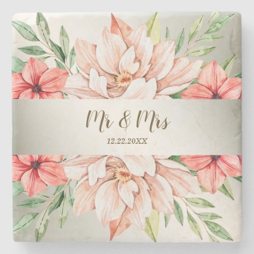 Wedding Peach Pink Orange Floral Green Leaves Stone Coaster