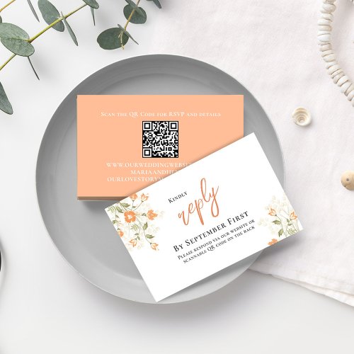 Wedding Peach RSVP QR Code Budget Floral Enclosure Card