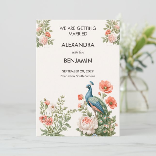 Wedding Peacock Botanical Vintage | Announcement (Standing Front)