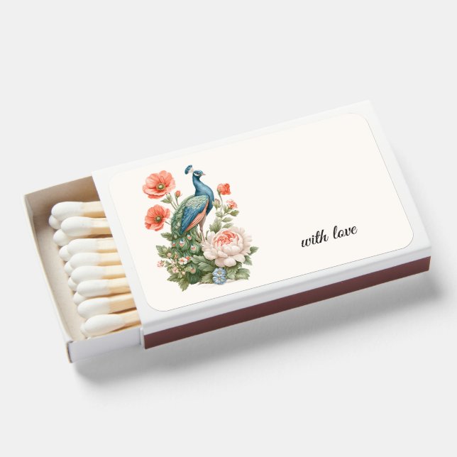 Wedding Peacock Botanical Vintage | Elegant Favor  Matchboxes (Front Open)
