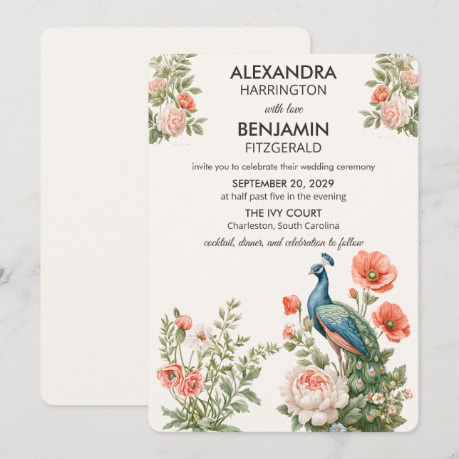 Wedding Peacock Botanical | Vintage Floral Art Invitation (Front/Back)