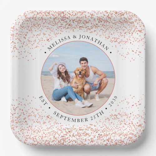 Wedding Personalize Rose Gold Glitter Photo Square Paper Plates