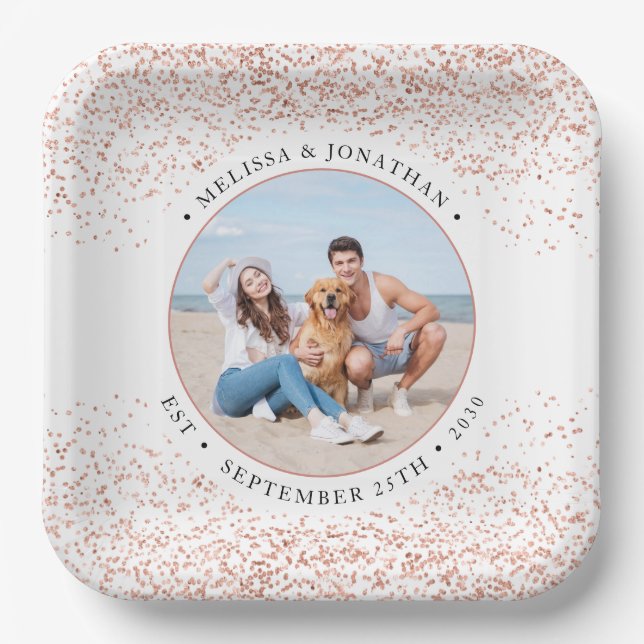 Wedding Personalize Rose Gold Glitter Photo Square Paper Plates (Front)