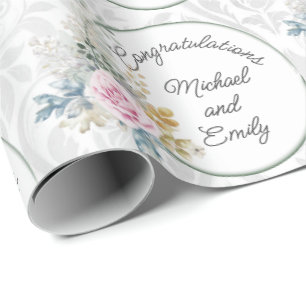 Wedding Personalize Watercolor Pink Roses Damask Wrapping Paper