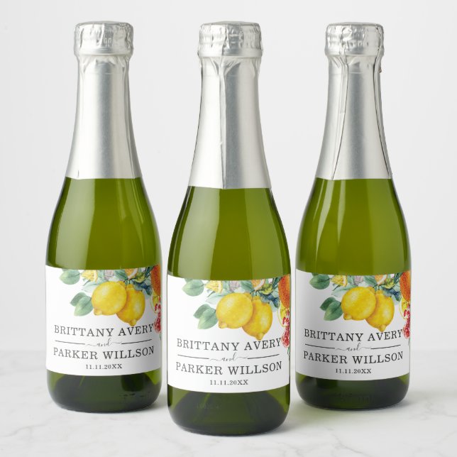 Wedding Personalized Citrus Watercolor Botanical Sparkling Wine Label (Bottles)