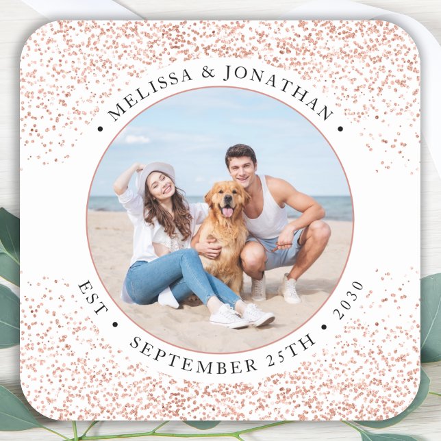 Wedding Personalized Rose Gold Glitter Photo Square Sticker (Creator Uploaded)