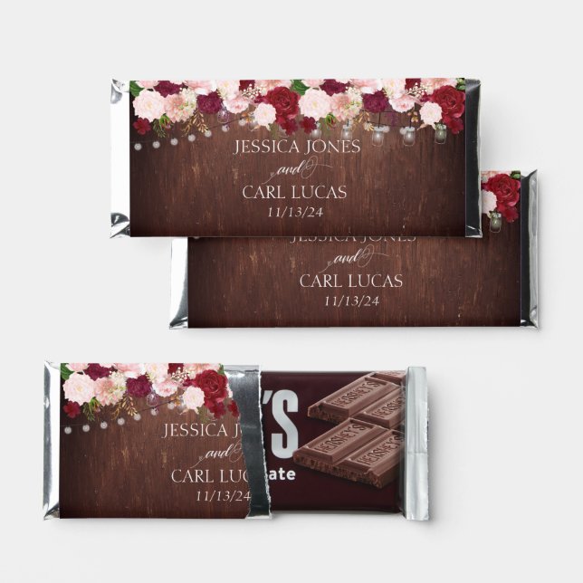 Wedding Personalized Rustic Wood Burgundy Flower  Hershey Bar Favors (Front)
