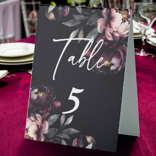 Wedding personalized tableware dark moody peonies table tent