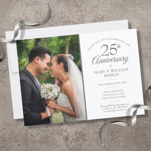 Wedding Photo 25th Anniversary Silver Confetti Invitation