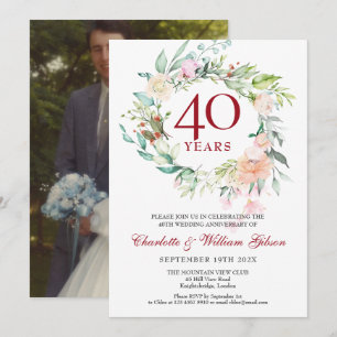 Wedding Photo 40th Ruby Anniversary Roses Garland Invitation