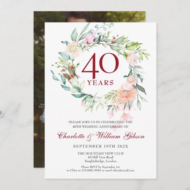 Wedding Photo 40th Ruby Anniversary Roses Garland  Invitation (Front/Back)