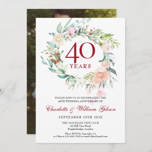 Wedding Photo 40th Ruby Anniversary Roses Garland  Invitation